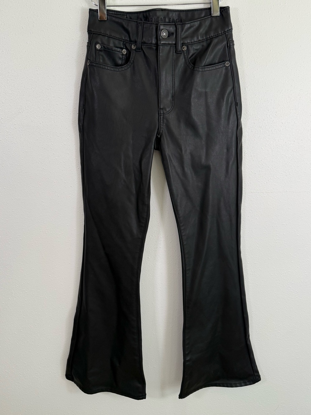 American Eagle Faux Leather Flare Pants Size 2 Black Super High Rise